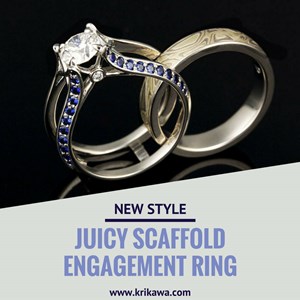 Juicy Scaffold Engagement Ring with Blue Sapphires and Round White Diamond